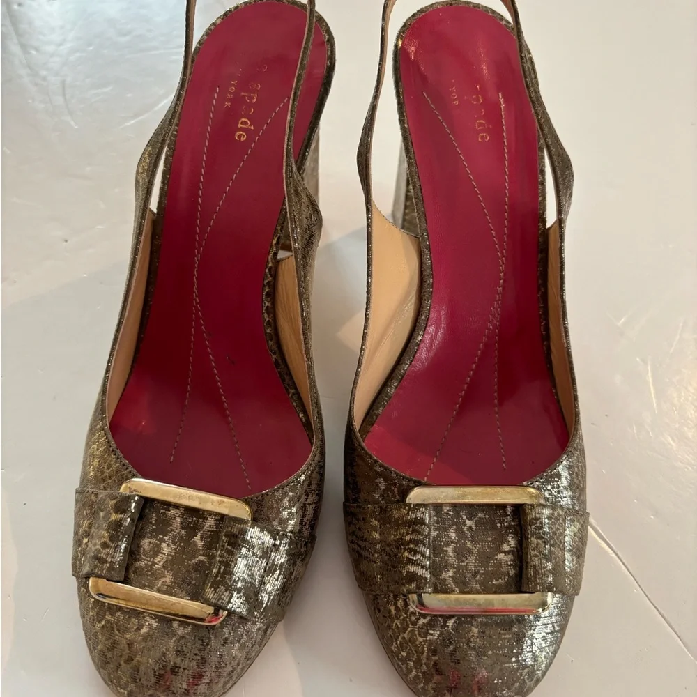 KATE SPADE Gold Metallic Sling Back Block Heels 8